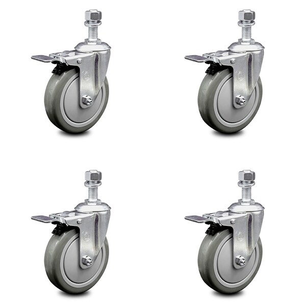 5 Inch Gray Polyurethane Swivel 12mm Stem Caster Set with Total Lock Brake